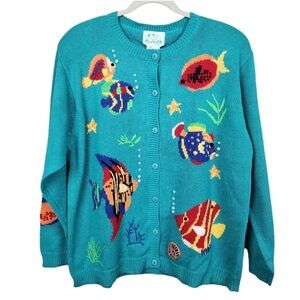 Quacker Factory Vintage Fish Pearl Cardigan Sweater Women Sz Small